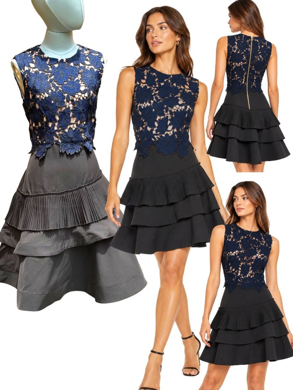 🆕 BRONX & BANCO 🧿 NWOT Navy Lace & Black Tiered Midi Dress, Sz AU 8 US 4